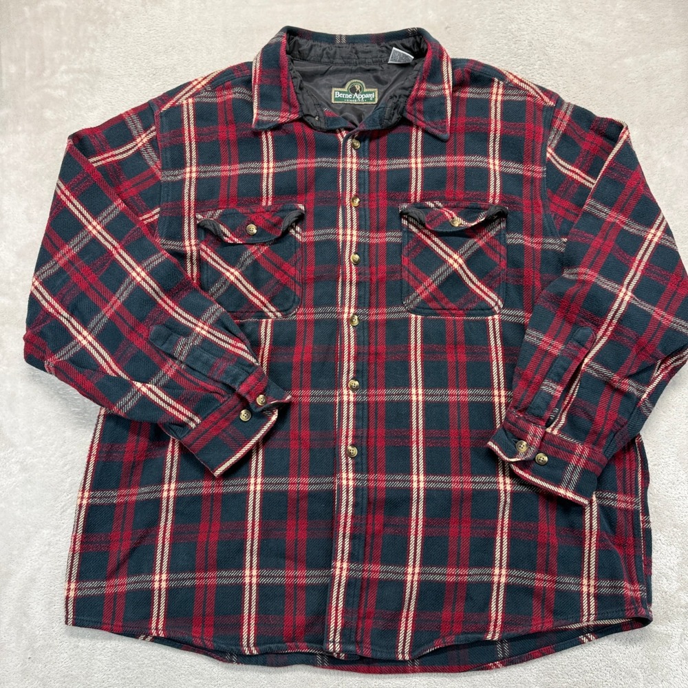 VTG Berne Apparel Shirt Men's XL Flannel Red Navy Plaid Quilted Lining Workwear
